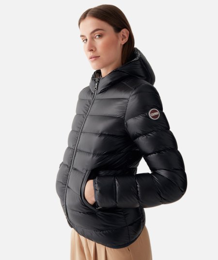 Iridescent down jacket with fixed hood