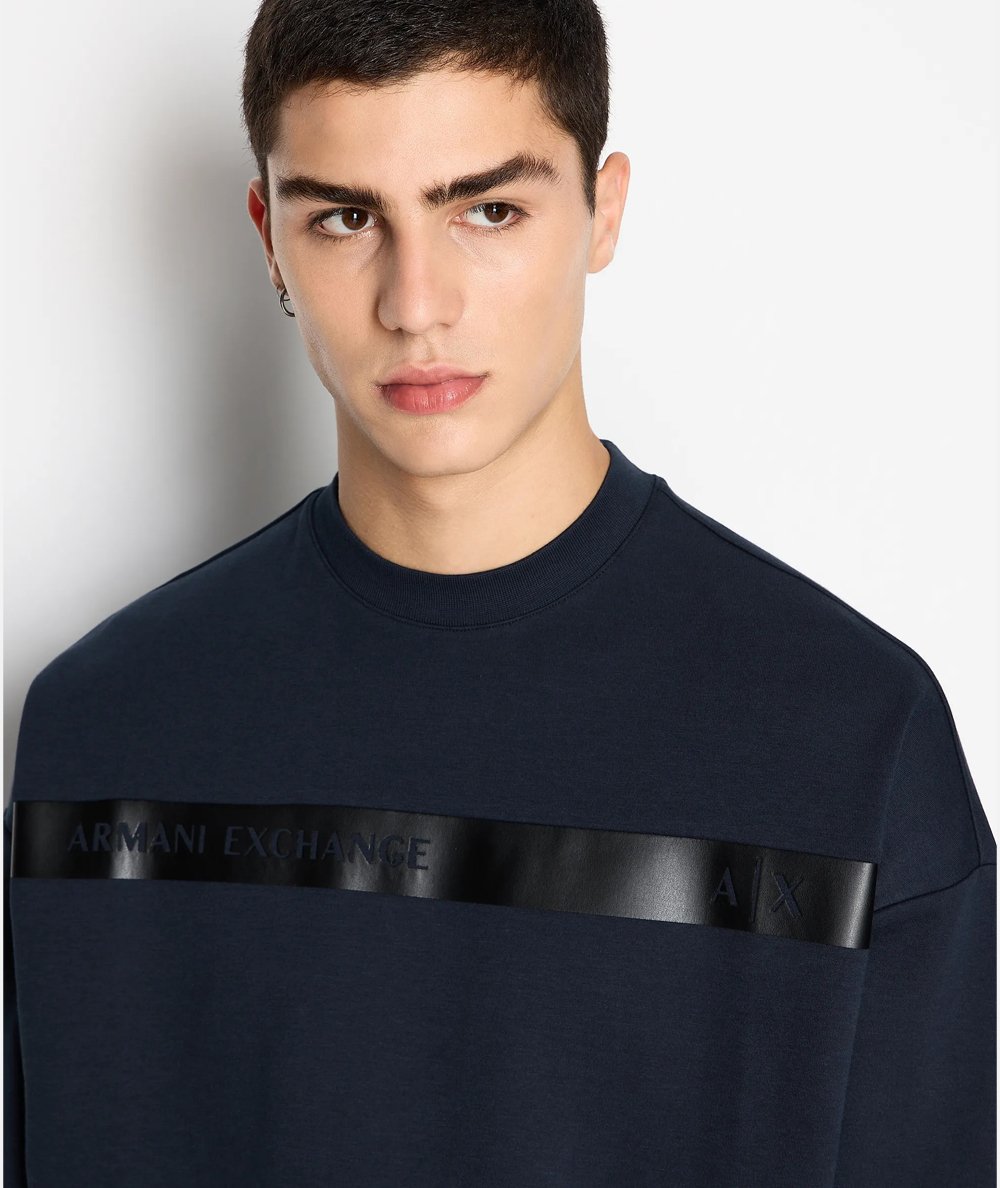 Armani Exchange - Armani Sustainability Values Crew Neck Logo Design Sweatshirt, 70% Cotton 30% POLYESTER, Blue, Size: L