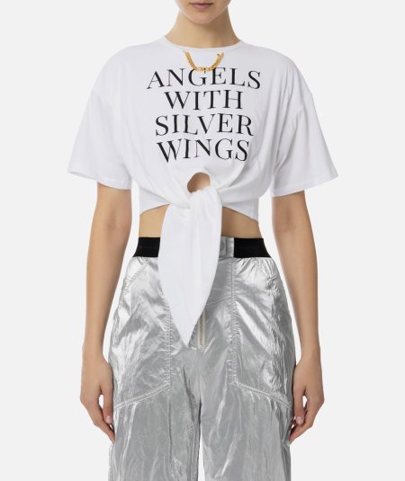 T-shirt cropped in jersey con nodo e stampa