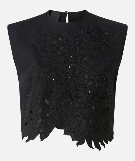 Crop top con ricamo traforato e cristalli