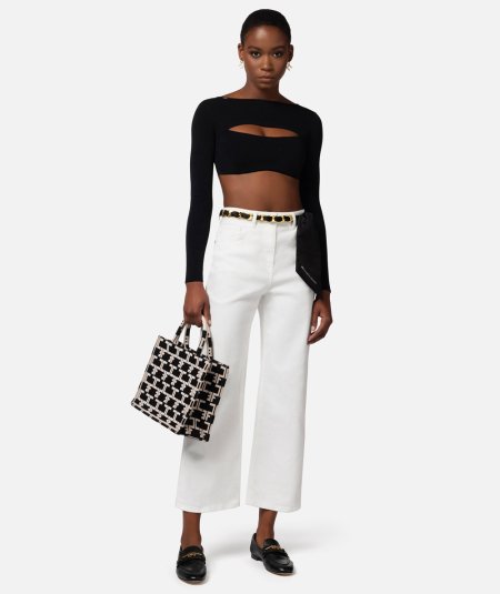 Jeans cropped a palazzo con cintura nera
