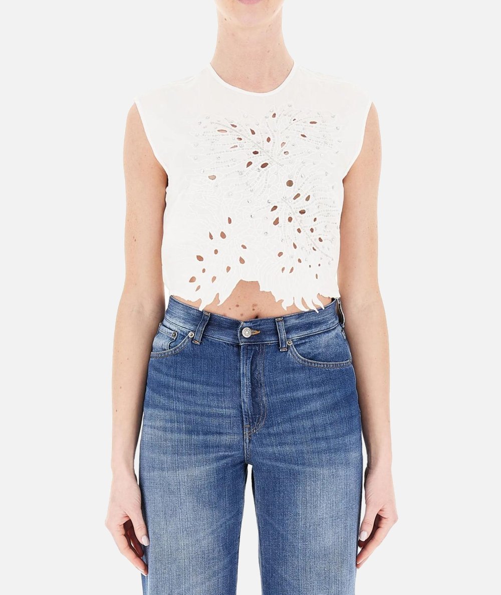 Crop top con ricamo traforato e cristalli