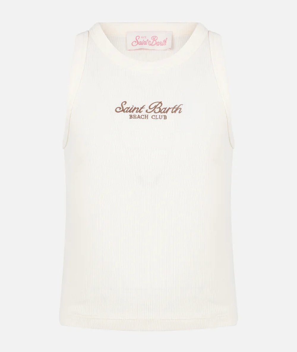 Top corto in maglia a coste bianco panna con ricamo