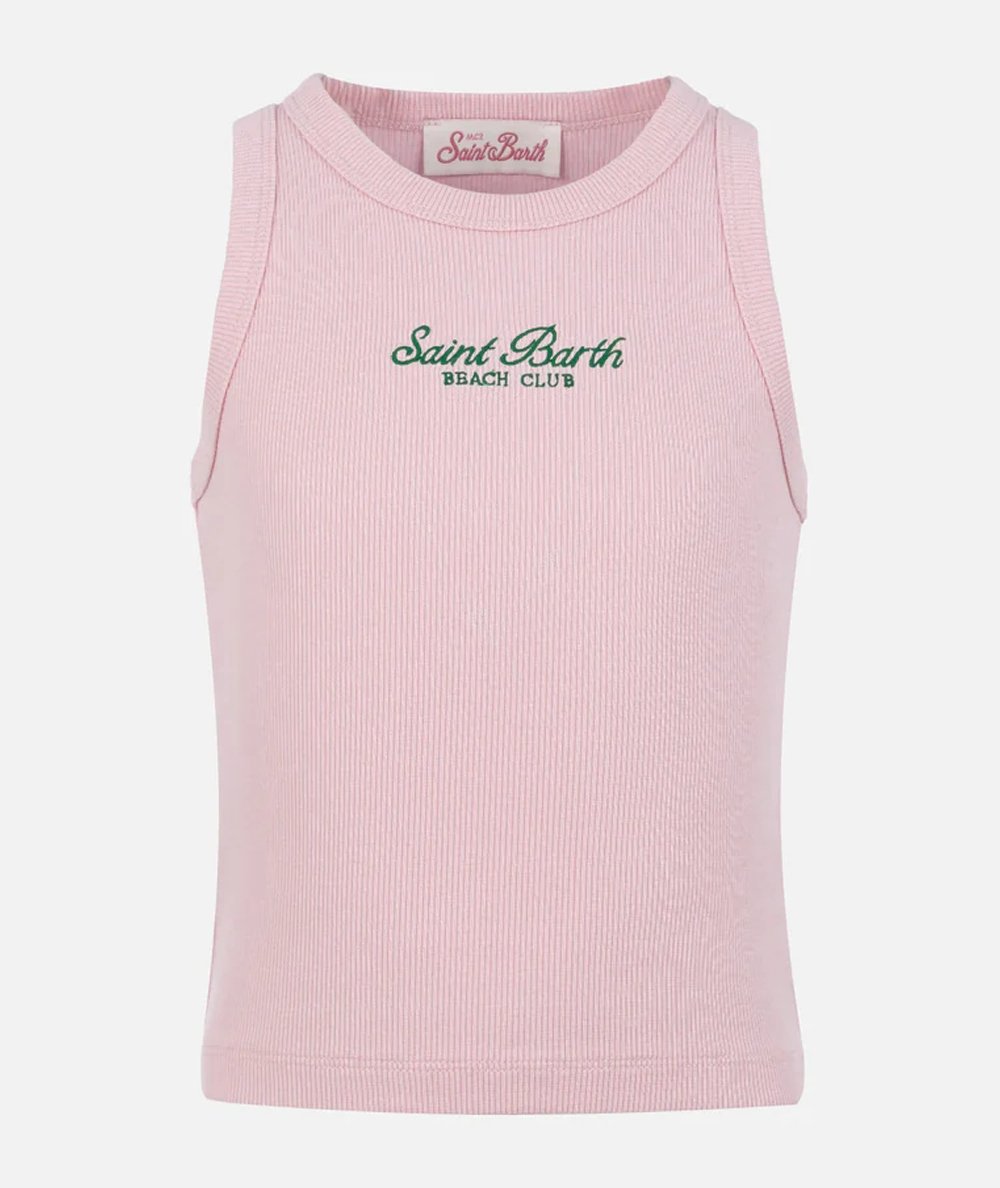 Top corto in maglia a coste rosa con ricamo