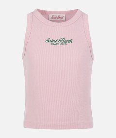 Top corto in maglia a coste rosa con ricamo