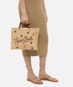 Borsa Colette effetto paglia con perline di legno e logo ricamato