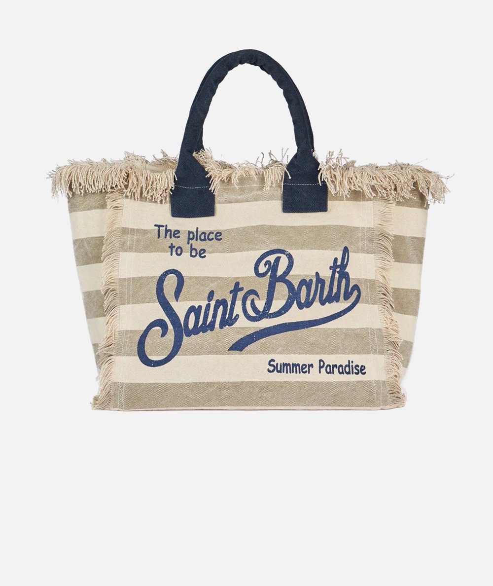 Borsa vanity in tela di cotone a righe beige