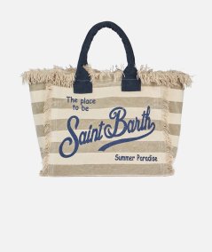 Borsa vanity in tela di cotone a righe beige