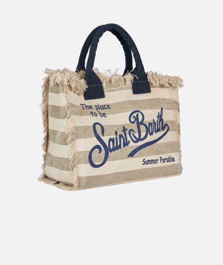 Borsa vanity in tela di cotone a righe beige