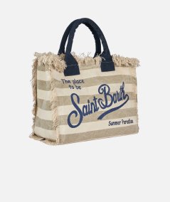 Borsa vanity in tela di cotone a righe beige