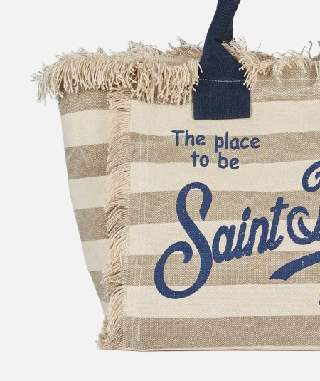 Borsa vanity in tela di cotone a righe beige
