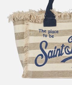 Borsa vanity in tela di cotone a righe beige