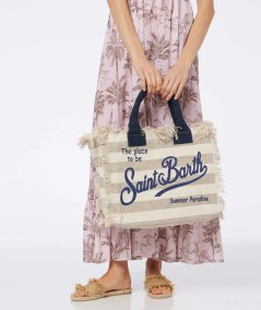 Borsa vanity in tela di cotone a righe beige