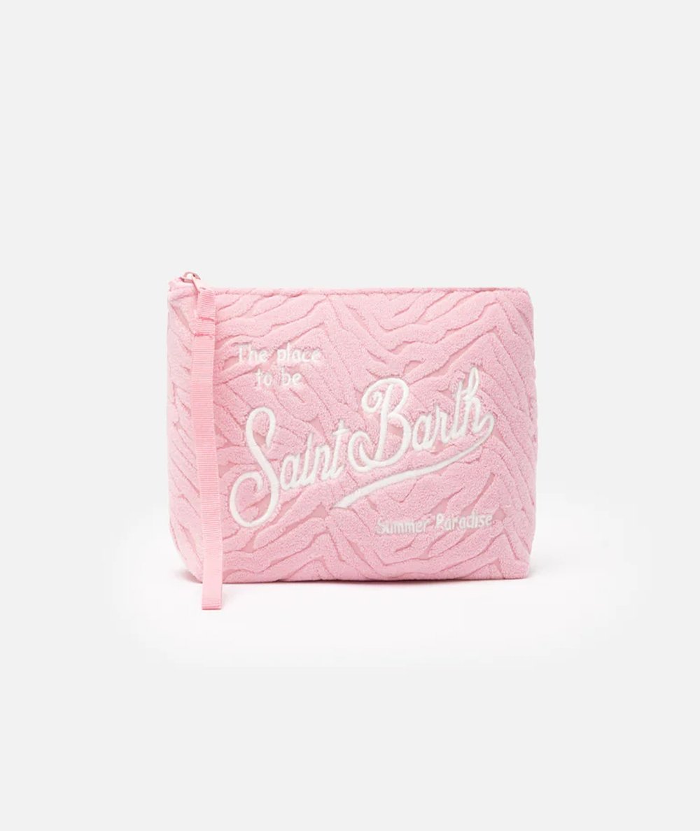 Pochette aline in spugna rosa con motivo zebra embrossed