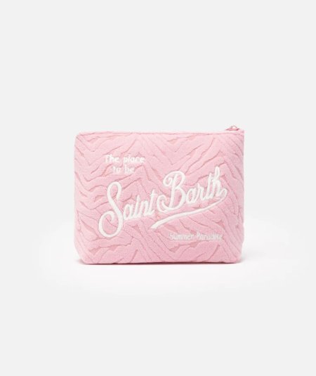 Pochette aline in spugna rosa con motivo zebra embrossed