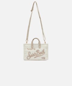 Beige Striped Print Linen Phone Bag