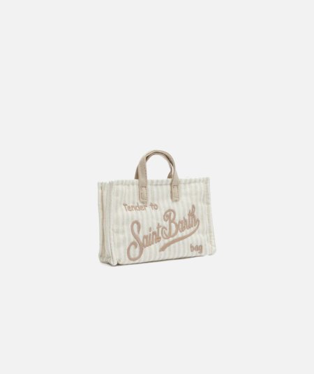 Beige Striped Print Linen Phone Bag