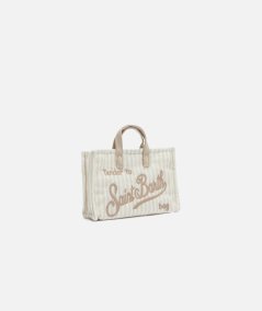 Beige Striped Print Linen Phone Bag