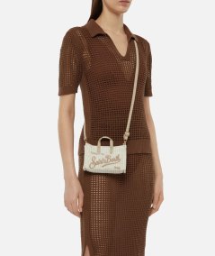 Beige Striped Print Linen Phone Bag