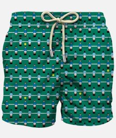 Costume da bagno da uomo in tessuto leggero verde con stampa biliardino
