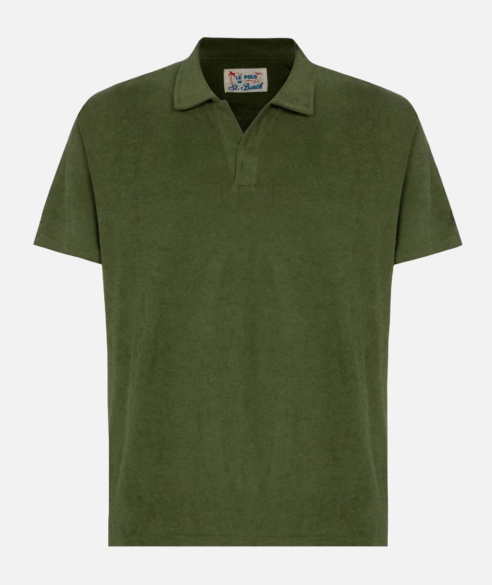 Jeremy Polo in military green terry