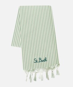 Telo mare Fouta in cotone leggero con stampa a righe beige e verde