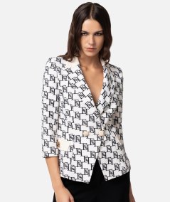 Double-breasted crêpe jacket with logo and plaque print