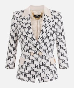 Double-breasted crêpe jacket with logo and plaque print