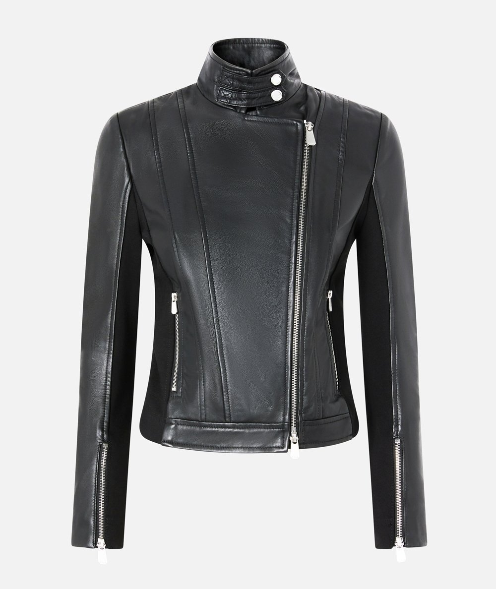 Giubbino biker in pelle con retro in tessuto