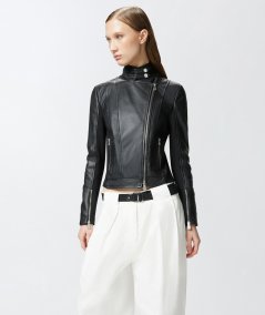 Giubbino biker in pelle con retro in tessuto