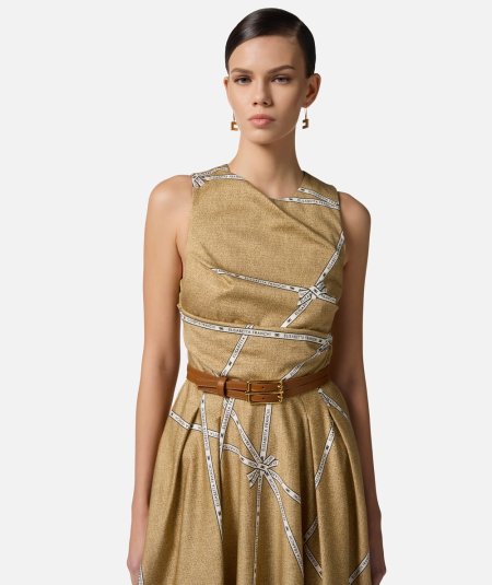 Cotton dress with raffia print and ribbon