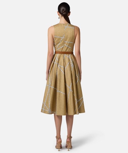 Cotton dress with raffia print and ribbon