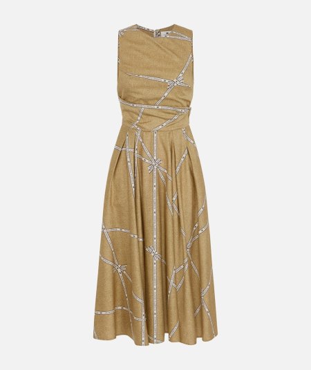 Cotton dress with raffia print and ribbon