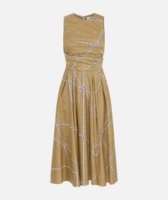 Cotton dress with raffia print and ribbon